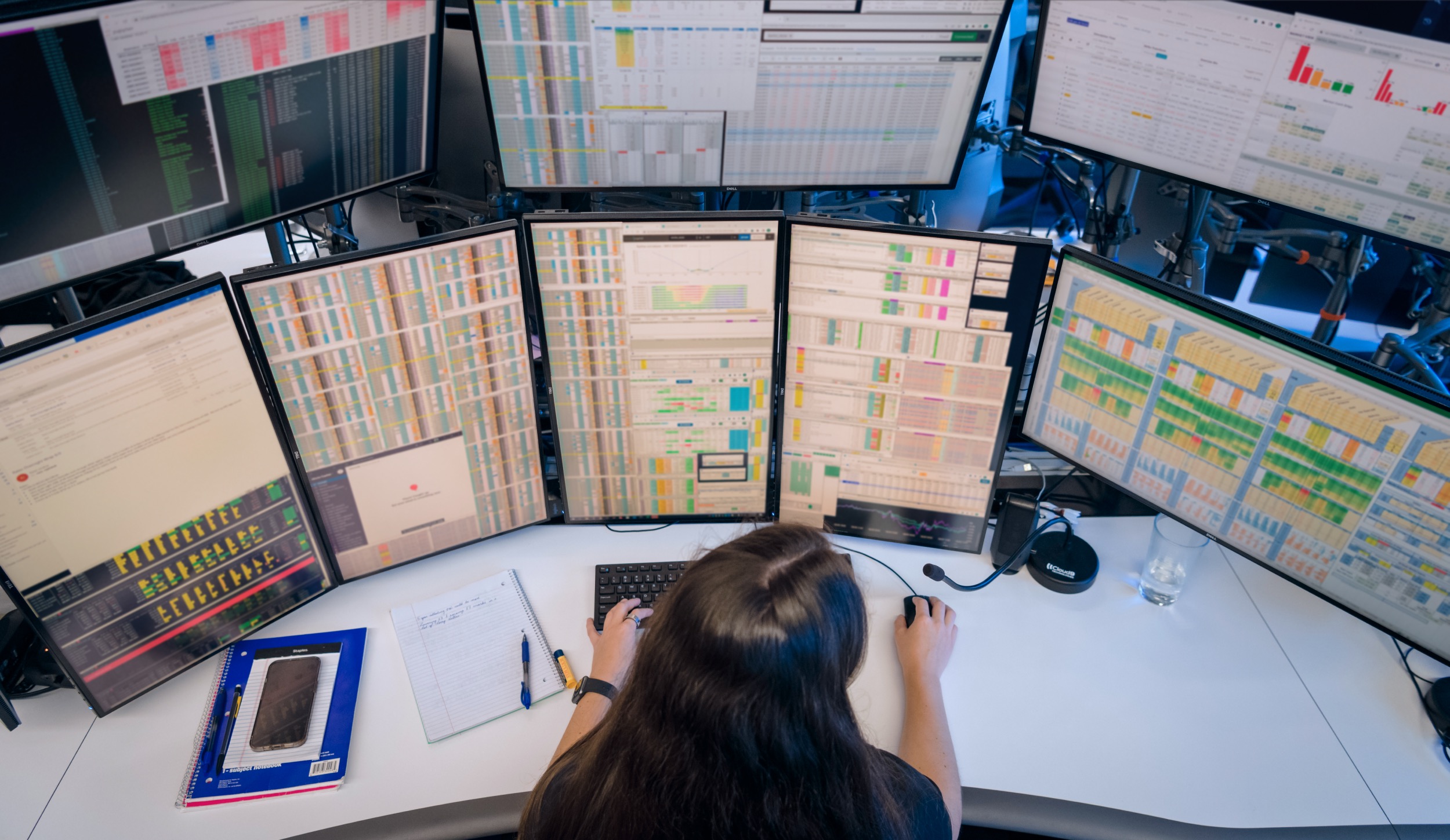 overhead view of trading monitors in Chicago office